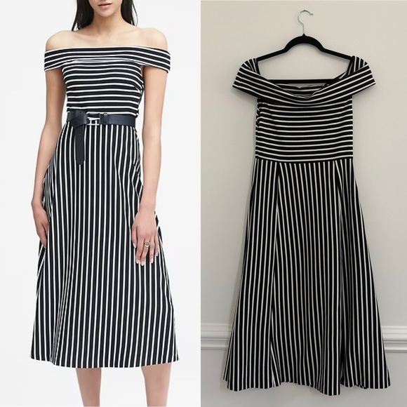 Banana Republic Off The Shoulder Stripe Midi Dress Knit Size 4 - Picture 1 of 5
